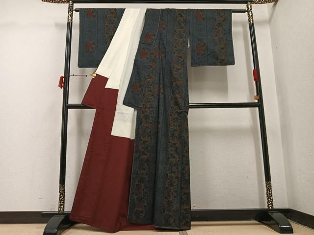 平和屋着物●本場大島紬　古代染色純泥染　一元7マルキ　草花間道　証紙付き　正絹　逸品　未使用　AABI7391ph