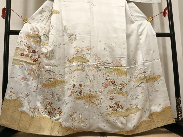 平和屋着物●訪問着　駒刺繍　松竹梅鴛鴦草花文　金彩　正絹　逸品　AABI7406ph