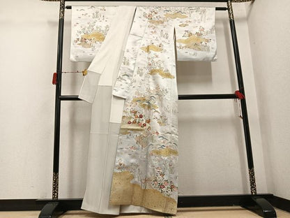 平和屋着物●訪問着　駒刺繍　松竹梅鴛鴦草花文　金彩　正絹　逸品　AABI7406ph