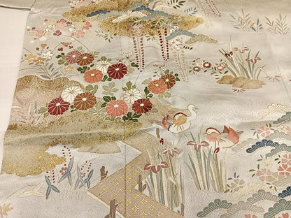 平和屋着物●訪問着　駒刺繍　松竹梅鴛鴦草花文　金彩　正絹　逸品　AABI7406ph