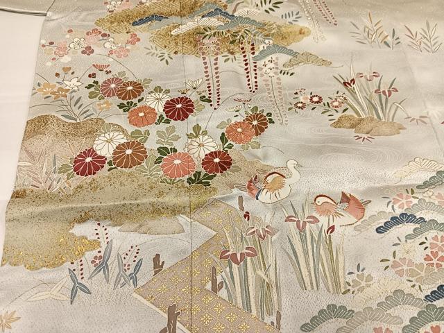 平和屋着物●訪問着　駒刺繍　松竹梅鴛鴦草花文　金彩　正絹　逸品　AABI7406ph
