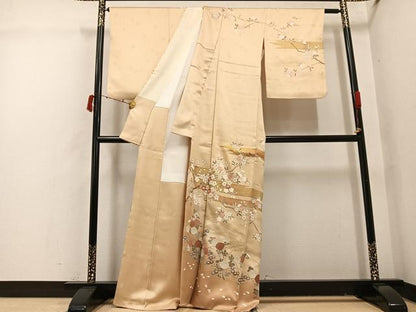 平和屋着物●訪問着　友禅　駒刺繍　枝花文　金彩　正絹　逸品　AABI7407ph