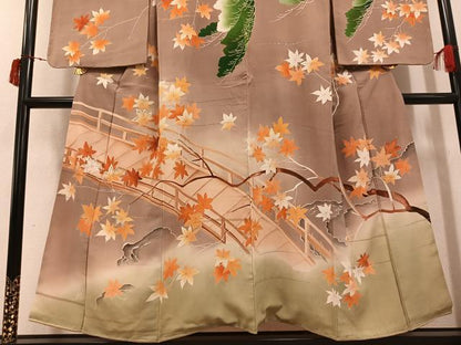 平和屋着物●アンティーク　大正ロマン　訪問着　刺繍　松楓　暈し染め　金銀彩　正絹　逸品　未使用　AABI7417ph