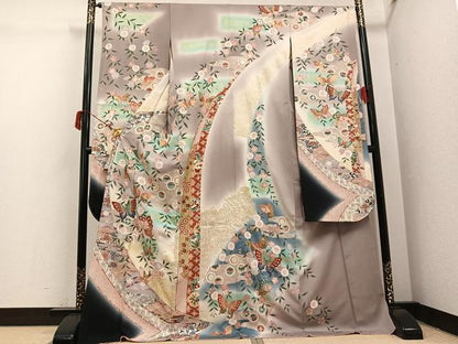平和屋着物●豪華振袖　花蝶文　暈し染め　金銀彩　正絹　逸品　AABI7418ph