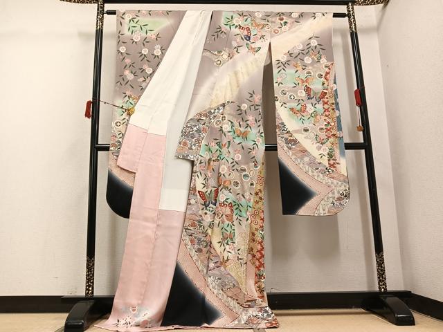 平和屋着物●豪華振袖　花蝶文　暈し染め　金銀彩　正絹　逸品　AABI7418ph