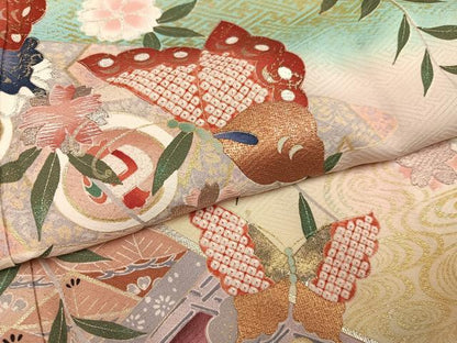 平和屋着物●豪華振袖　花蝶文　暈し染め　金銀彩　正絹　逸品　AABI7418ph