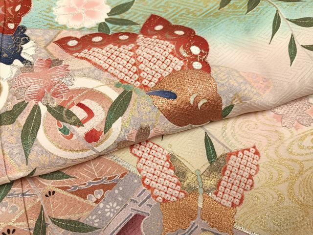 平和屋着物●豪華振袖　花蝶文　暈し染め　金銀彩　正絹　逸品　AABI7418ph