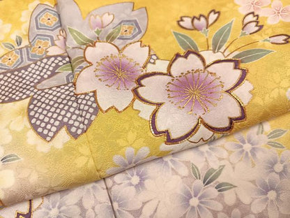 平和屋着物●豪華振袖　駒刺繍　舞花文　暈し染め　金彩　正絹　逸品　AABI7420ph