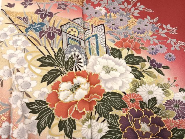 平和屋着物●豪華振袖　駒刺繍　御所車花文　暈し染め　金彩　正絹　逸品　AABI7422ph