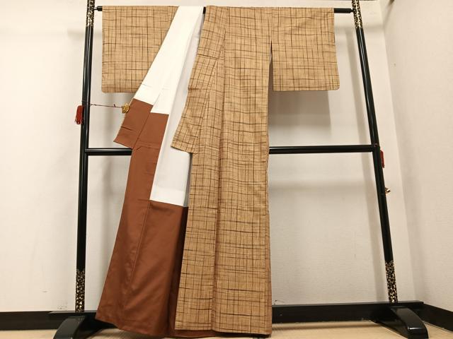 平和屋着物●上質な紬　格子　正絹　逸品　AABI7443ph