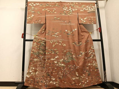 平和屋着物●訪問着　駒刺繍　松竹梅御所車文　金彩　正絹　逸品　AABI7445ph