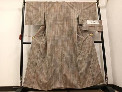 平和屋着物●阿仙薬染絣　綾音格子　渡源織物謹製　反端付き　正絹　逸品　未使用　AABI7446ph