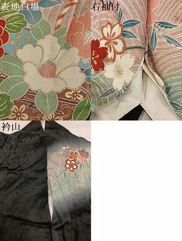 平和屋着物●谷崎潤一郎の世界　振袖　花筏文　暈し染め　黒地　金銀彩　正絹　逸品　AABI7448ph