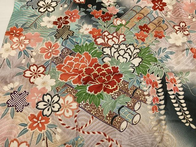 平和屋着物●谷崎潤一郎の世界　振袖　花筏文　暈し染め　黒地　金銀彩　正絹　逸品　AABI7448ph