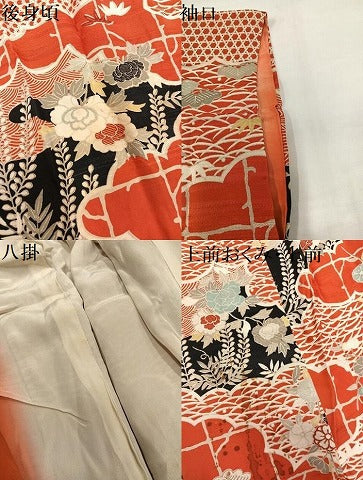 平和屋本店●アンティーク　大正ロマン　振袖　草花文　正絹　逸品　AABI7450ph