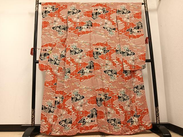 平和屋本店●アンティーク　大正ロマン　振袖　草花文　正絹　逸品　AABI7450ph