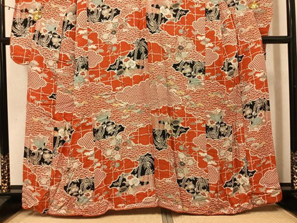 平和屋本店●アンティーク　大正ロマン　振袖　草花文　正絹　逸品　AABI7450ph