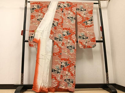 平和屋本店●アンティーク　大正ロマン　振袖　草花文　正絹　逸品　AABI7450ph