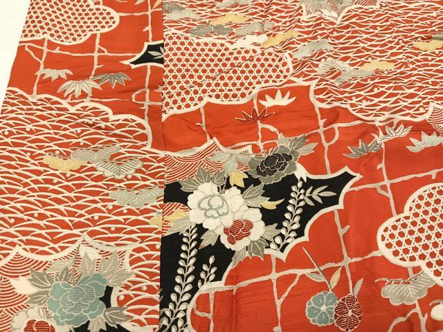 平和屋本店●アンティーク　大正ロマン　振袖　草花文　正絹　逸品　AABI7450ph