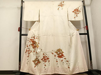 平和屋着物●訪問着　友禅　駒刺繍　松皮菱花文　金彩　正絹　逸品　AABI7455ph
