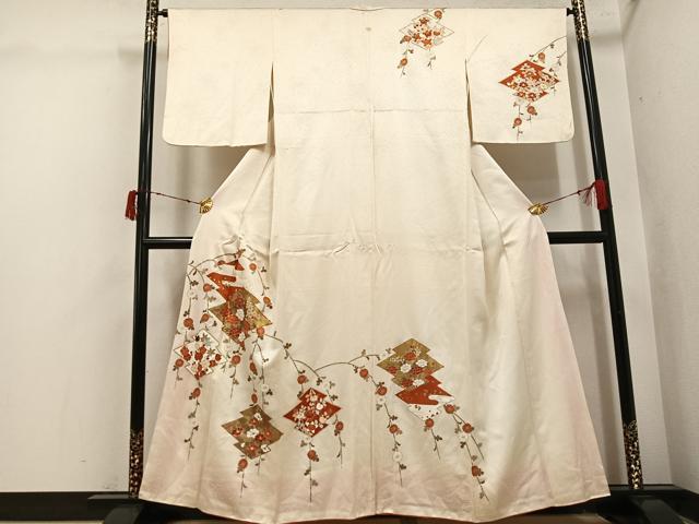 平和屋着物●訪問着　友禅　駒刺繍　松皮菱花文　金彩　正絹　逸品　AABI7455ph