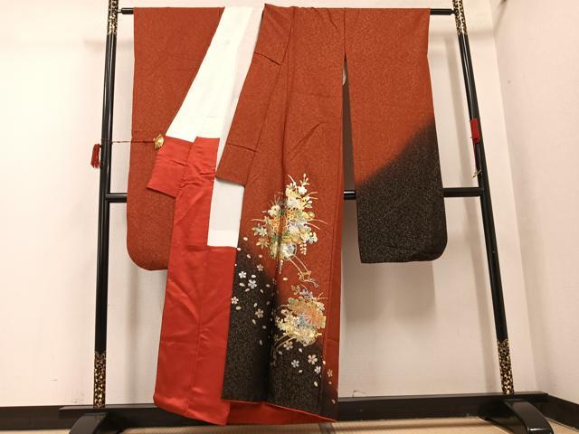 平和屋着物●豪華振袖　花車文　暈し染め　金銀彩　金通し地　正絹　逸品　AABI7456ph
