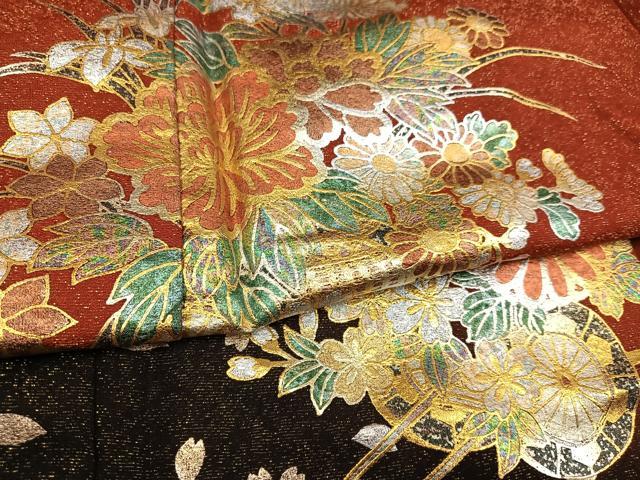 平和屋着物●豪華振袖　花車文　暈し染め　金銀彩　金通し地　正絹　逸品　AABI7456ph