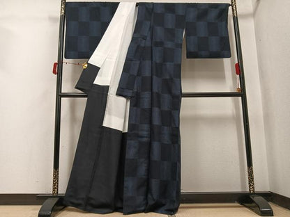 平和屋着物●上質な紬　市松　正絹　逸品　AABI7463ph