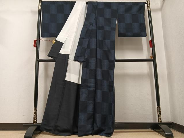 平和屋着物●上質な紬　市松　正絹　逸品　AABI7463ph