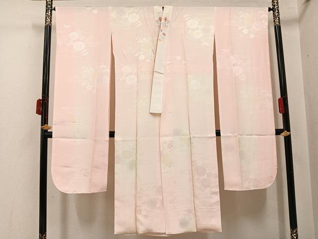 平和屋着物●振袖用長襦袢　袷　草花地紋　暈し染め　半衿刺繍　正絹　逸品　AABI7467ph