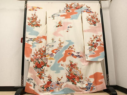 平和屋着物●豪華振袖　駒刺繍　草花冊子文　暈し染め　金彩　正絹　逸品　AABI7468ph