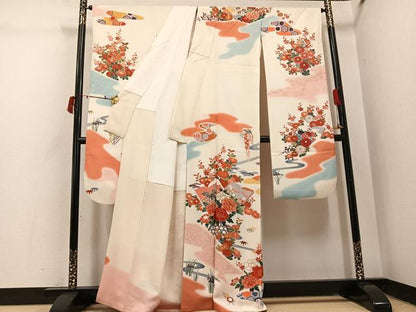 平和屋着物●豪華振袖　駒刺繍　草花冊子文　暈し染め　金彩　正絹　逸品　AABI7468ph