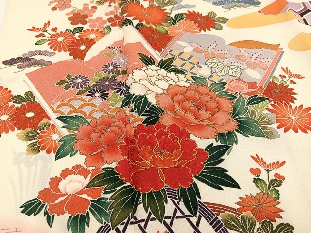 平和屋着物●豪華振袖　駒刺繍　草花冊子文　暈し染め　金彩　正絹　逸品　AABI7468ph