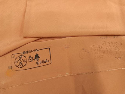 平和屋着物●上質な色無地　深支子色　白寿ちりめん　反端付き　正絹　逸品　AABI7469ph