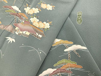 平和屋着物●名門・上野家　上野街子　清染居　訪問着　風景草花文　正絹　逸品　AABI7470ph