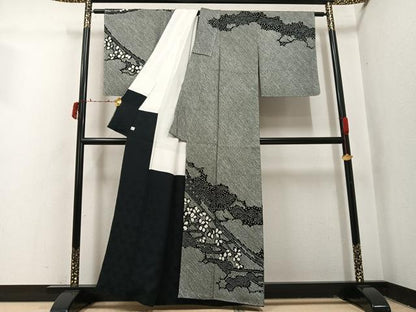 平和屋着物●訪問着　総絞り　草花文　黒地　鈴乃屋扱い　正絹　逸品　未使用　AABI7477ph
