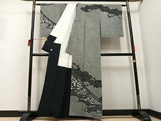 平和屋着物●訪問着　総絞り　草花文　黒地　鈴乃屋扱い　正絹　逸品　未使用　AABI7477ph