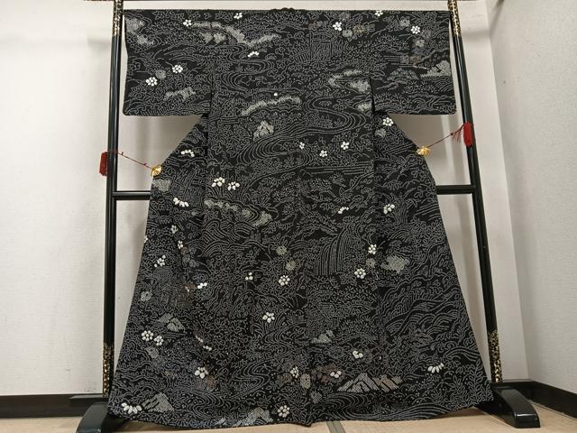 平和屋着物●訪問着　総絞り　風景草花文　黒地　金彩　正絹　逸品　AABI7478ph