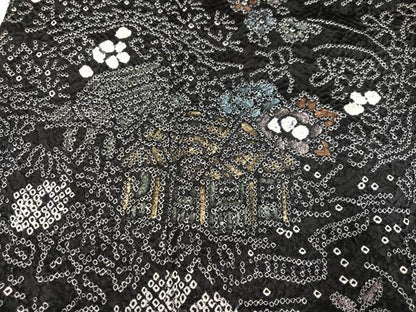平和屋着物●訪問着　総絞り　風景草花文　黒地　金彩　正絹　逸品　AABI7478ph