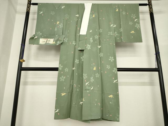 平和屋着物●京草木染　長襦袢　無双仕立て　うさぎ　兎　桜　反端付き　正絹　逸品　未使用　AABI7523ck