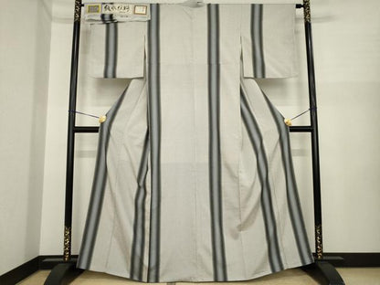 平和屋着物●織りしぼ絣　お召　白新染色　間道　反端付き　正絹　逸品　AABI7541ck