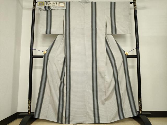 平和屋着物●織りしぼ絣　お召　白新染色　間道　反端付き　正絹　逸品　AABI7541ck