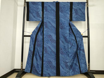 平和屋着物●上質な小紋　切継　藍　道長更紗花文　正絹　逸品　AABI7543ck
