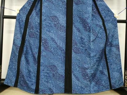 平和屋着物●上質な小紋　切継　藍　道長更紗花文　正絹　逸品　AABI7543ck