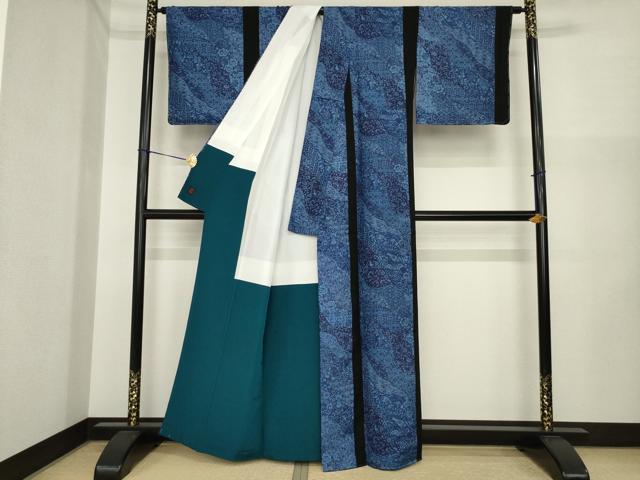 平和屋着物●上質な小紋　切継　藍　道長更紗花文　正絹　逸品　AABI7543ck