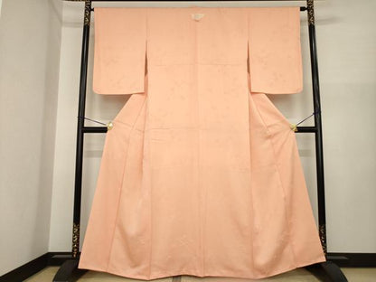 平和屋着物●上質な色無地　舞花地紋　深支子色　正絹　逸品　AABI7544ck
