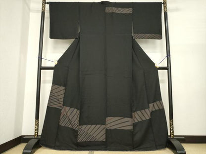 平和屋着物●訪問着　切継　横段文　黒地　正絹　逸品　AABI7545ck
