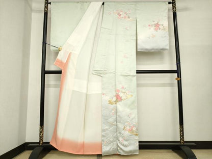 平和屋着物●訪問着　刺繍　立波花筏文　暈し染め　金彩　正絹　逸品　未使用　AABI7546ck