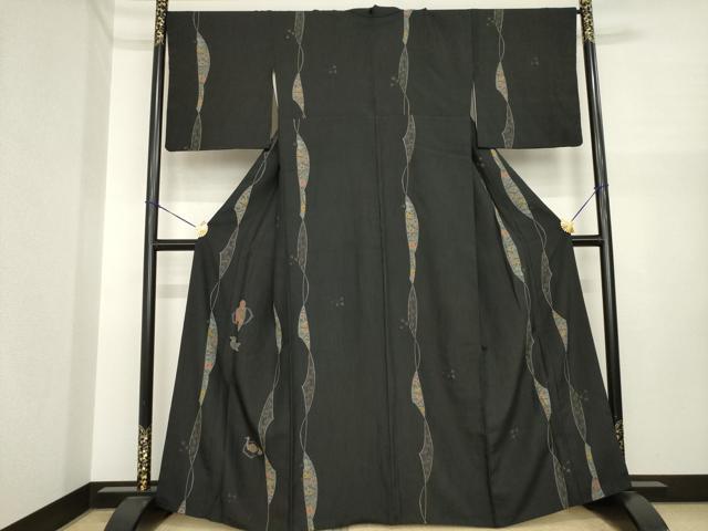 平和屋着物●訪問着　紬地　絞り　花鳥文　黒地　正絹　逸品　AABI7561ck