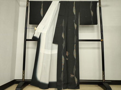 平和屋着物●訪問着　紬地　絞り　花鳥文　黒地　正絹　逸品　AABI7561ck